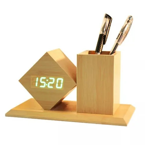 Wooden Led Digital Time Display With Pen Holder