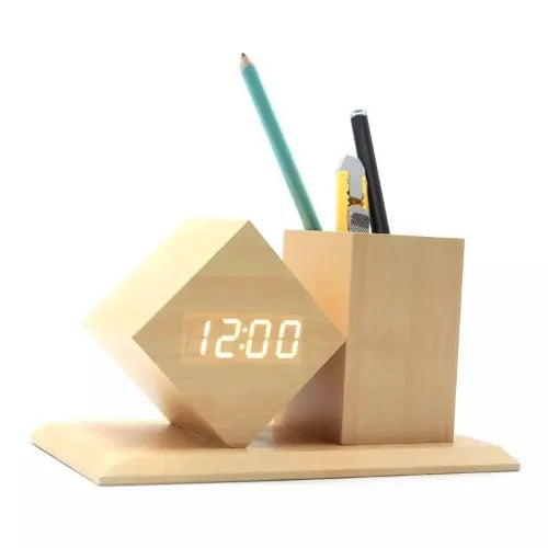 Wooden Led Digital Time Display With Pen Holder