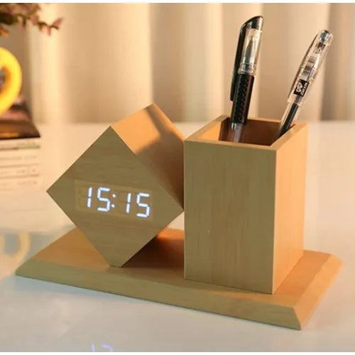 Wooden Led Digital Time Display With Pen Holder